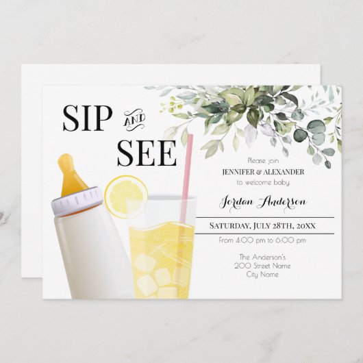 Sip and See Greenery Welcome Baby Invitation (Devant / Derrière)