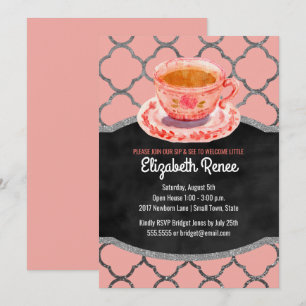 Sip and See New Baby Girl Welkom Teacup Uitnodigin Kaart