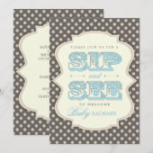 Sip and See Sweet Baby Boy Blue Invitation Brown (Devant / Derrière)