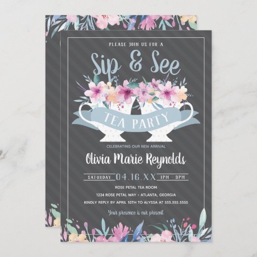 Sip and See Tea Party Baby shower Invitation (Devant / Derrière)
