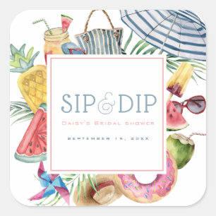 Sip & Dip Pool Party Paraplu Roze Bruidsdouche Vierkante Sticker
