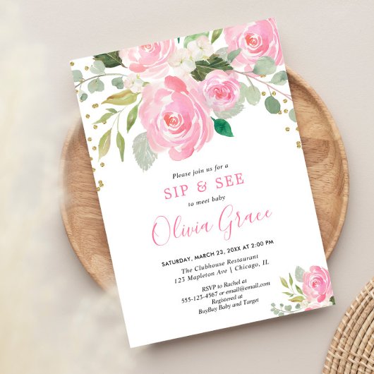 Sip en zie bloemenrozen blozen roze waterverven kaart