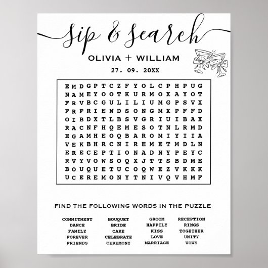 Sip en zoek aangepaste woord bruiloft zoeken puzze poster (Voorkant)