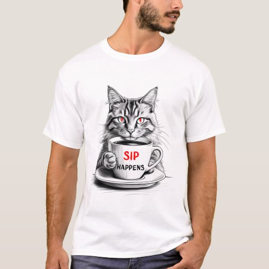 Sip Happens Cat T-Shirt – Funny Coffee Cat Graphic (Devant)