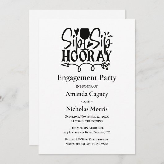 Sip Horay Black White Typography Engagement Party Kaart (Voorkant / Achterkant)