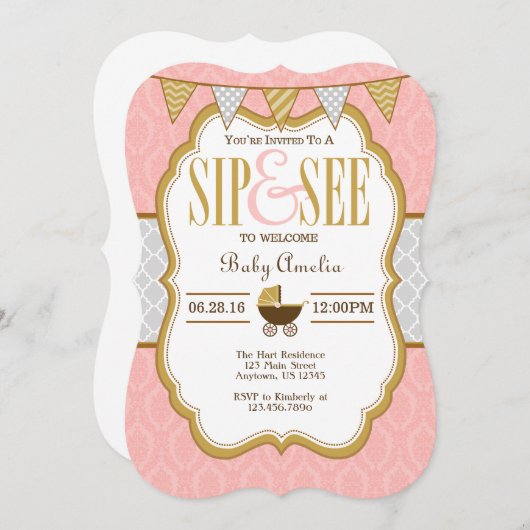 Sip Or Gris Rose Et Voir Invitation (Devant / Derrière)