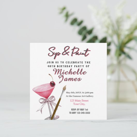 Sip & Paint Art 40e verjaardag uitnodiging (Staand voorkant)
