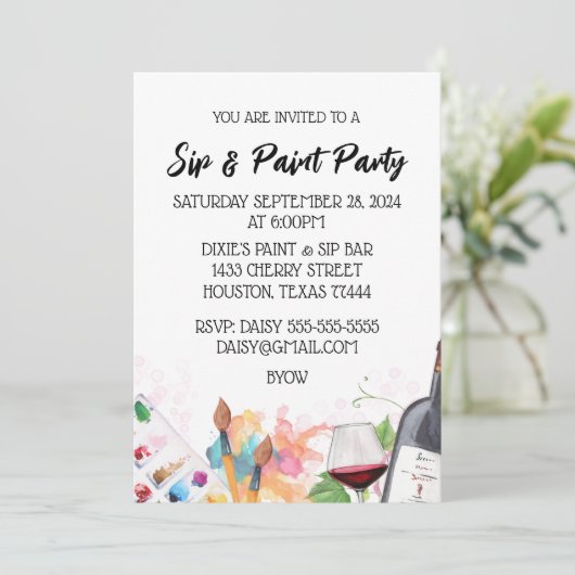 SIP & Paint Licht Achtergrond Uitnodiging (Staand voorkant)