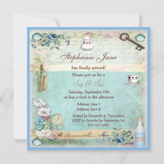 Sip & See Alice in Wonderland Baby shower Kaart (Achterkant)