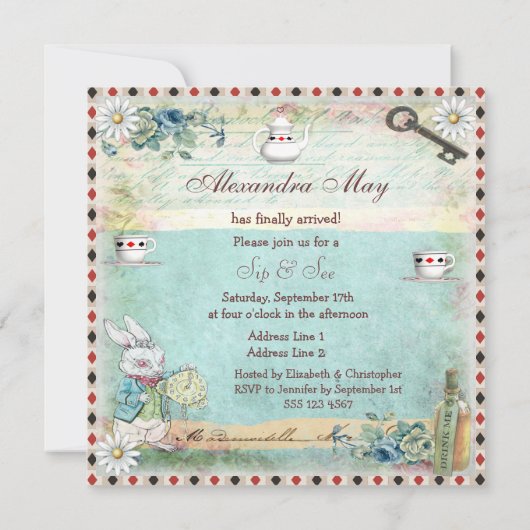 Sip & See Alice in Wonderland Baby shower Kaart (Achterkant)