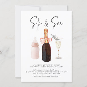 Sip & See Elegant Watercolor Pink Baby Girl Kaart