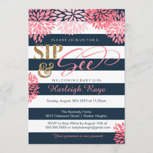 Sip & See Navy blauw en roze glitter Baby shower Kaart