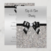 Sip & See Party zilveren pailletten zwarte strik Kaart (Voorkant / Achterkant)