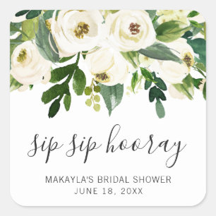 Sip Sip Hoera Elegante Witte Bloem Bruidsdouche Vierkante Sticker