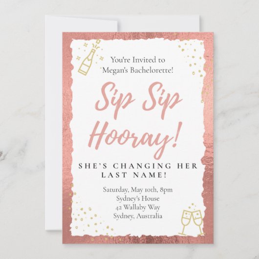 Sip Sip Hooray Bachelorette Party Invitation Kaart (Voorkant)