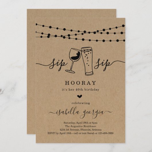 Sip Sip Hooray Birthday Party Kaart (Voorkant / Achterkant)