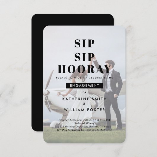 Sip Sip Hooray Chic Photo Engagement Invitation (Devant / Derrière)
