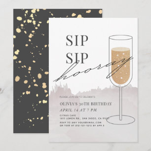 Sip Sip Hooray Gold Champagne Gray Birthday Kaart