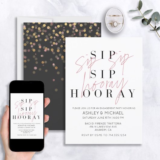 Sip Sip Hooray Modern Black White Engagement Party Kaart