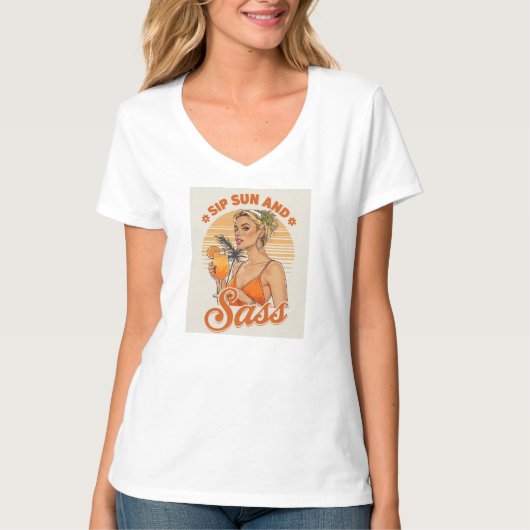 Sip, Sun en Sass - Retro Summer Vibes Illustrati T-shirt (Voorkant)