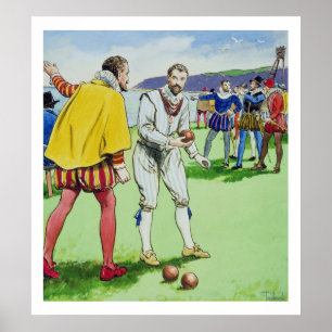 Sir Francis Drake (1540/3-96) die bowls speelt, va Poster