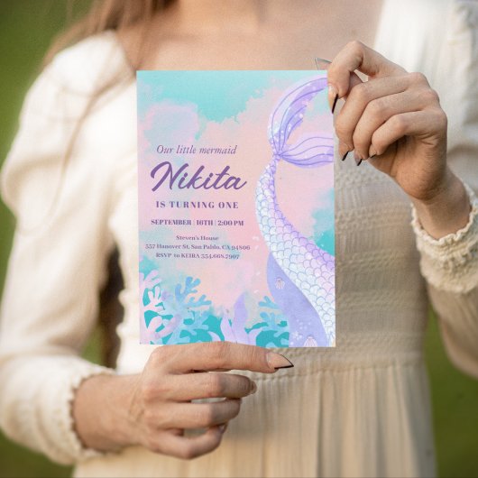 sirène aquarelle 1er anniversaire Invitation