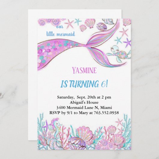 sirène arc-en-ciel sous les invitations d'annivers (Devant / Derrière)