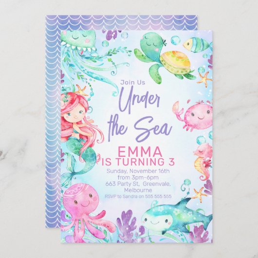 Sirène colorée sous la mer Invitation d'anniversai (Devant / Derrière)