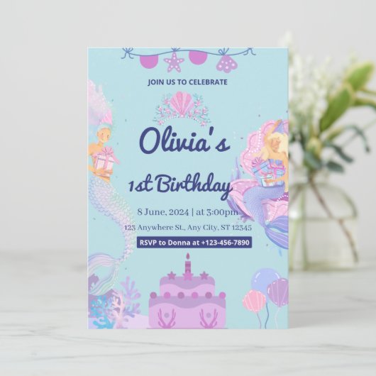 Sirène en mer 1er anniversaire Invitation (Debout devant)