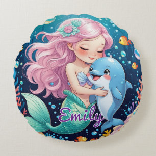 Sirène et dauphin Coussin rond - Nom personnalisé