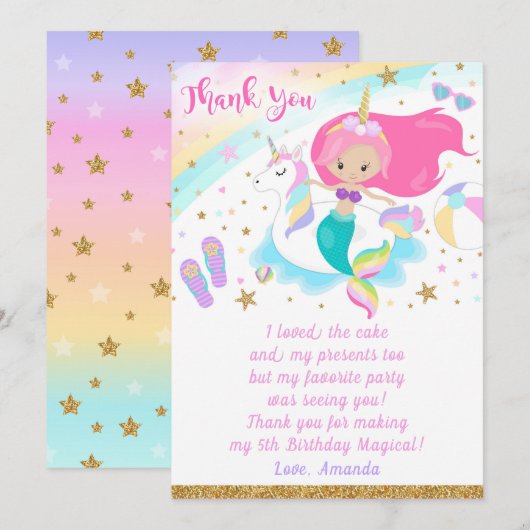 Sirène et licorne de Carte de remerciements (Devant / Derrière)