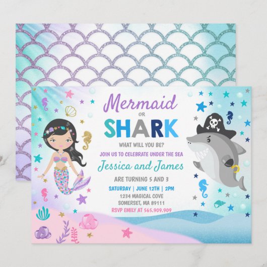 Sirène Et Requin Anniversaire Invitation Pool (Devant / Derrière)