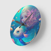 Sirène nageant avec le poisson mignon horloge mura (Angle)
