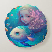 Sirène nageant avec poisson mignon coussin rond (Dos)