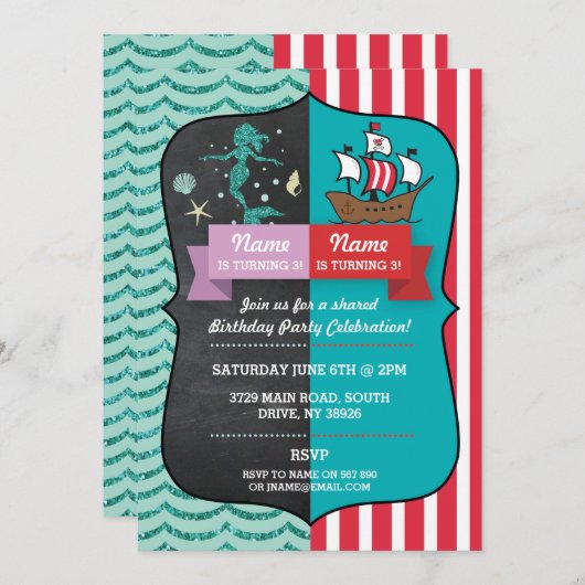 Sirène & Pirate Joint garçon fille Invitations d'a (Devant / Derrière)