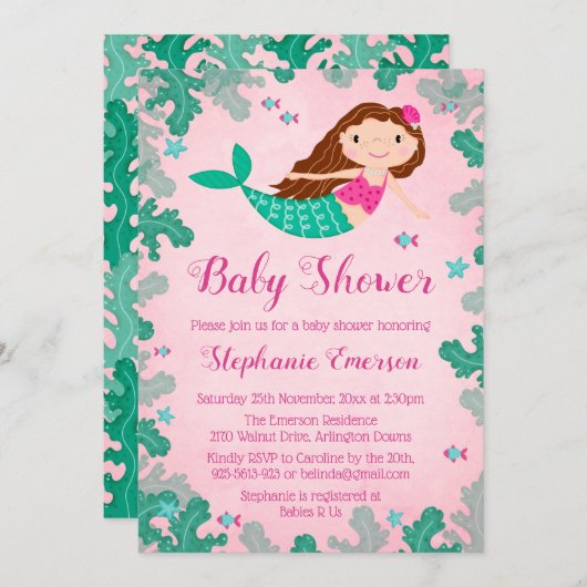 Sirène rose Sous La Mer Bébé Douche Invitations (Devant / Derrière)