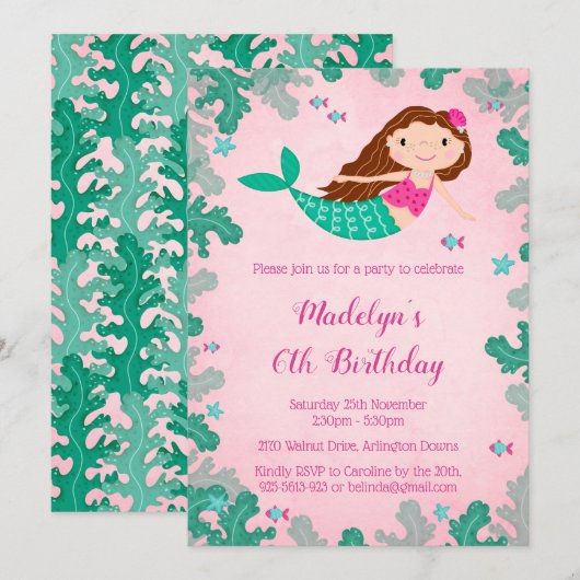 Sirène rose Sous La Mer Invitations Anniversaires (Devant / Derrière)