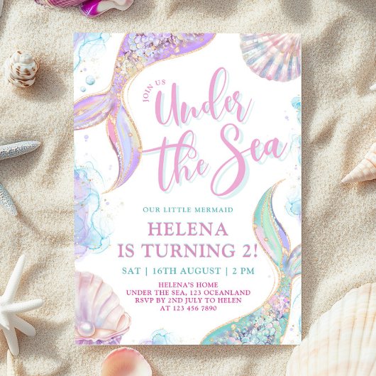 Sirène sous la mer 2 Anniversaire Invitation fille