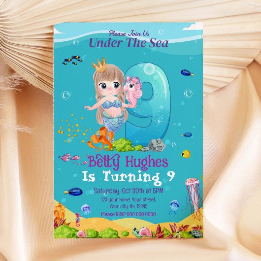 Sirène sous la mer 9 Anniversaire Invitation