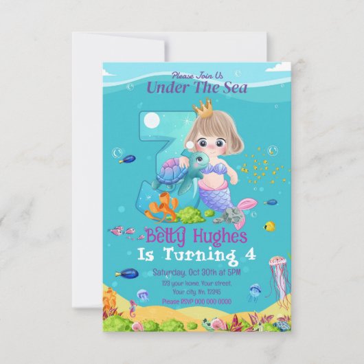 Sirène sous la mer Invitation d'anniversaire 3 (Devant)