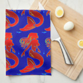 sirènes rouges sur serviette de cuisine bleue (Quart Plié)