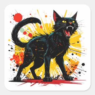 Sissende verdedigende zwarte kat vierkante sticker