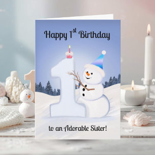 Sister Happy 1e Verjaardag Sneeuwman Bouwen Kaart