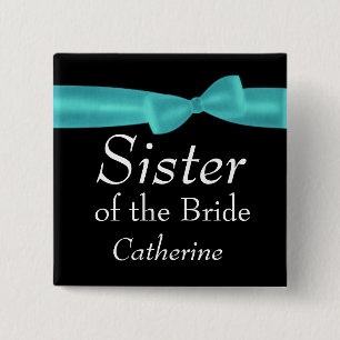 SISTER van Bride Aqua Bow Wedding Douane Naam Y141 Vierkante Button 5,1 Cm