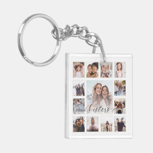 Sisters Script Family Memory Photo Grid Collage Sleutelhanger (Voorkant Links)