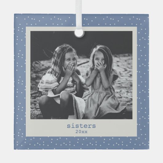 Sisters Simple Modern Blue Dots Customized Photo Glas Ornament (Voorkant)