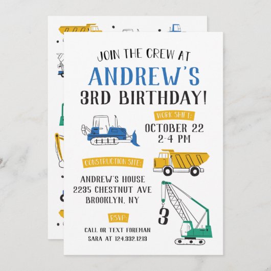 Site de construction moderne Invitation d'annivers (Devant / Derrière)