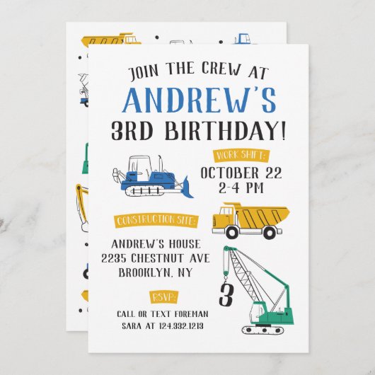 Site de construction moderne Invitation d'annivers (Devant / Derrière)