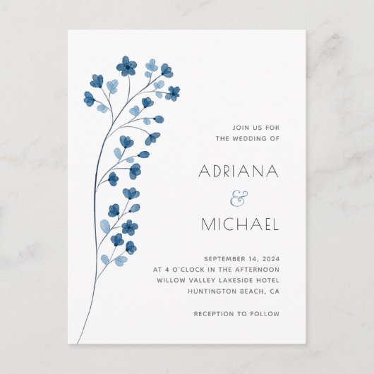 Site Mariage Floral bleu moderne Invitation (Devant)