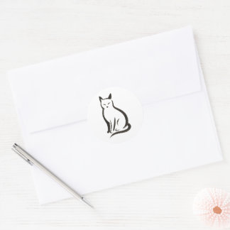 Sitting Cat – Minimalistische inkt op silhouet Ronde Sticker